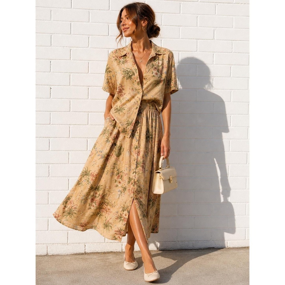 Vintage Floral Skirt Set Button Front Midi Matching Cottagecore Tan Petite M